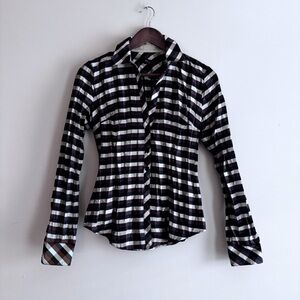 Beluva Pleated Check Print Shirt XS Black Brown